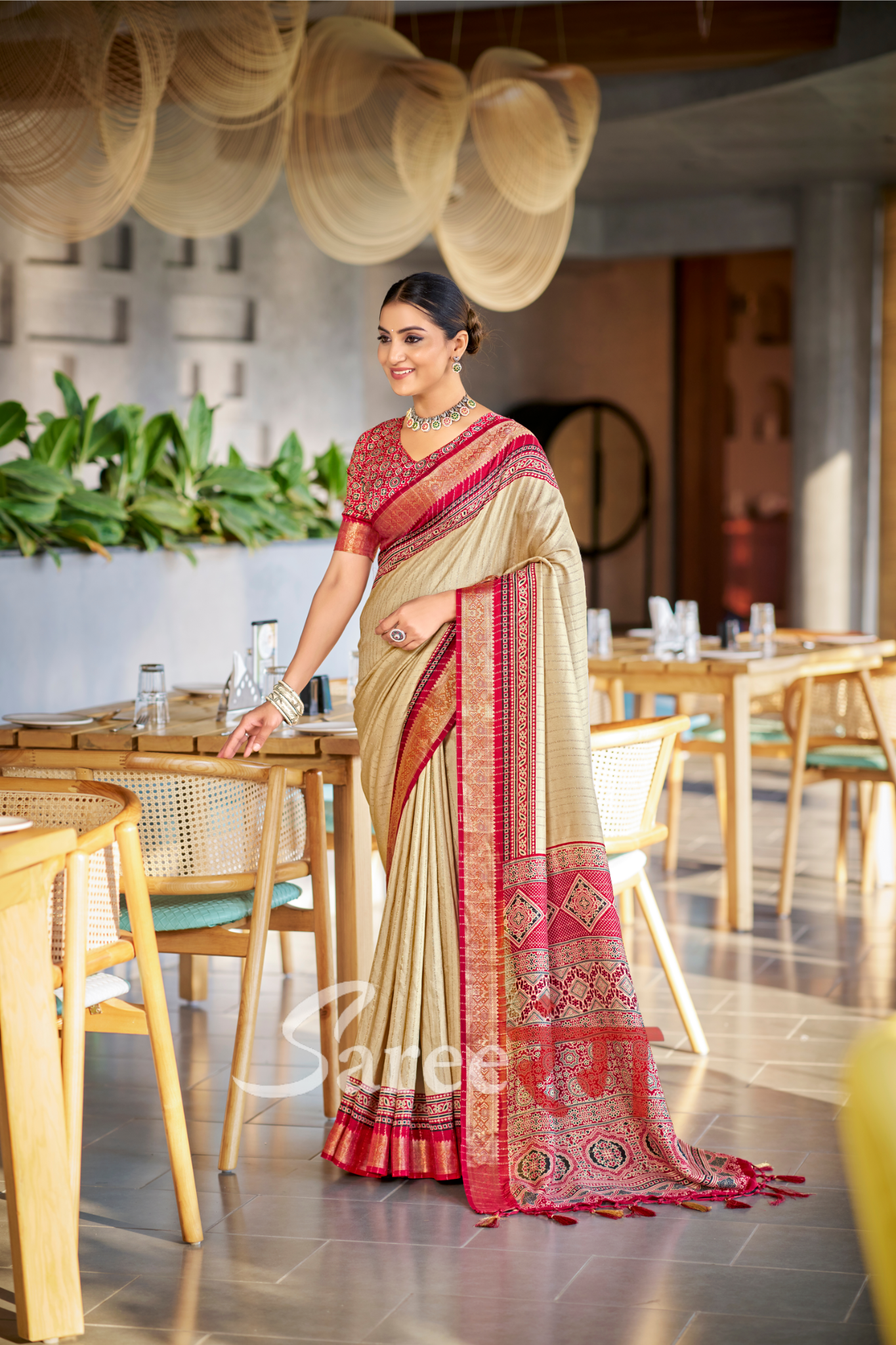 Jalpari Maroon And Cream Pashmina Modal Silk Ajrakh Printed Saree