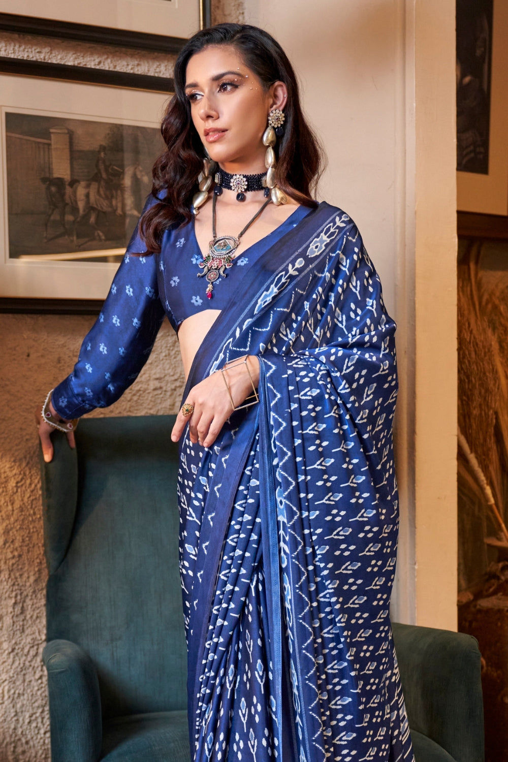 Premium Soft Blue Ajrakh Patola Printed Satin Crepe Saree