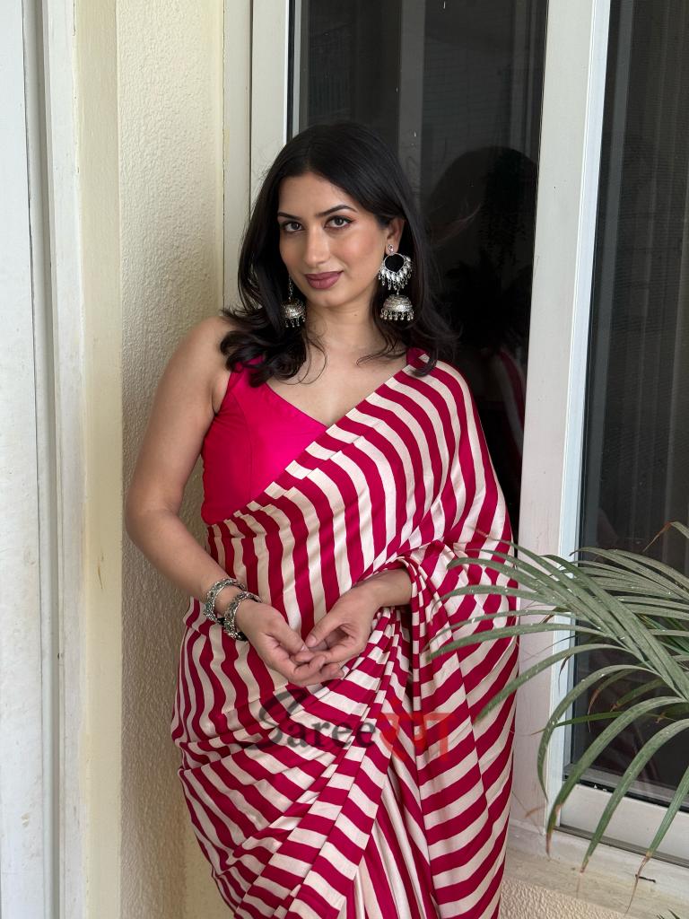 Sundari Rani Modal Silk Premium Striped Ajrakh Natural Print Saree
