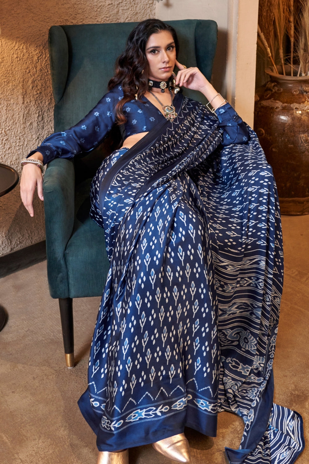 Premium Soft Blue Ajrakh Patola Printed Satin Crepe Saree