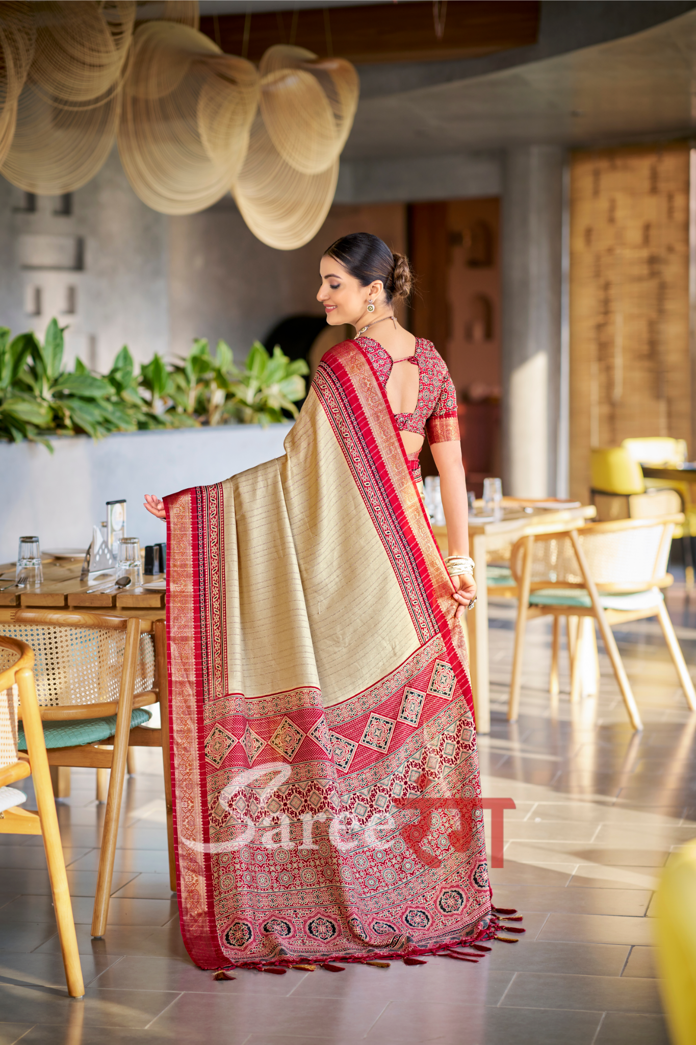 Jalpari Maroon And Cream Pashmina Modal Silk Ajrakh Printed Saree