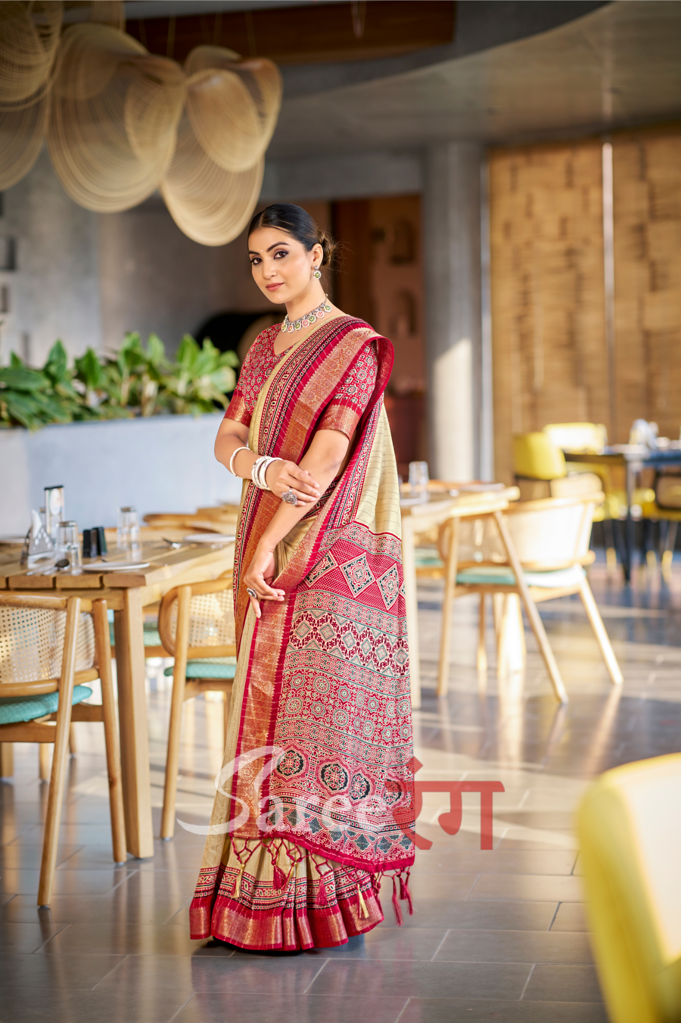 Jalpari Maroon And Cream Pashmina Modal Silk Ajrakh Printed Saree