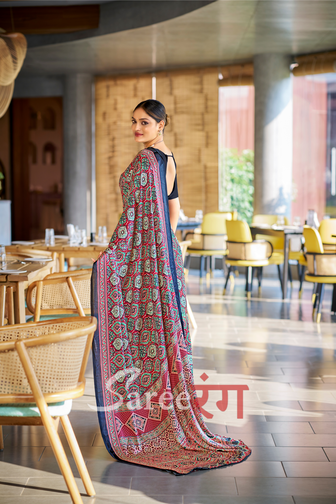 Varnika Maroon And Black Modal Silk Ajrakh Natural Print saree