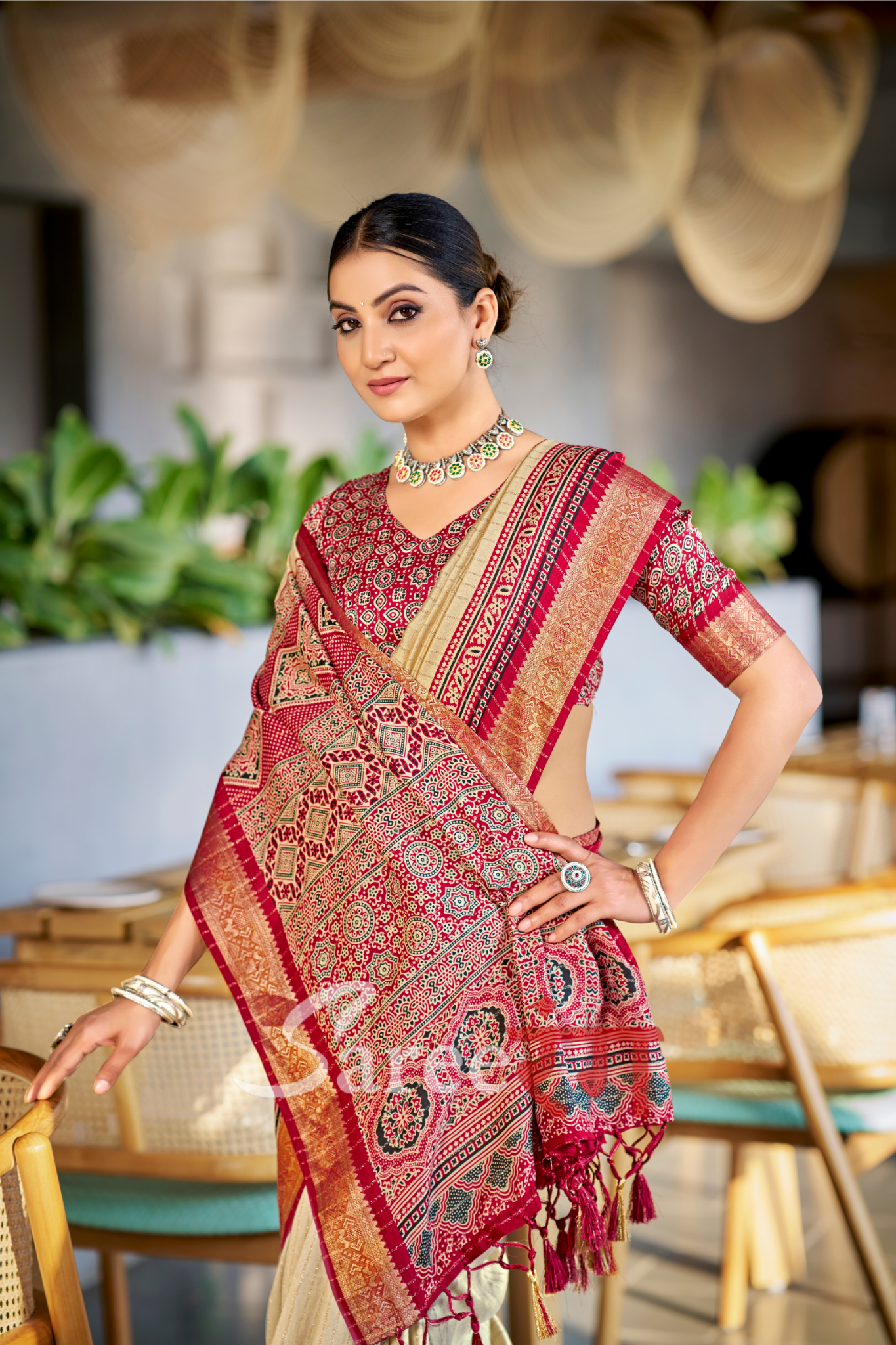 Jalpari Maroon And Cream Pashmina Modal Silk Ajrakh Printed Saree