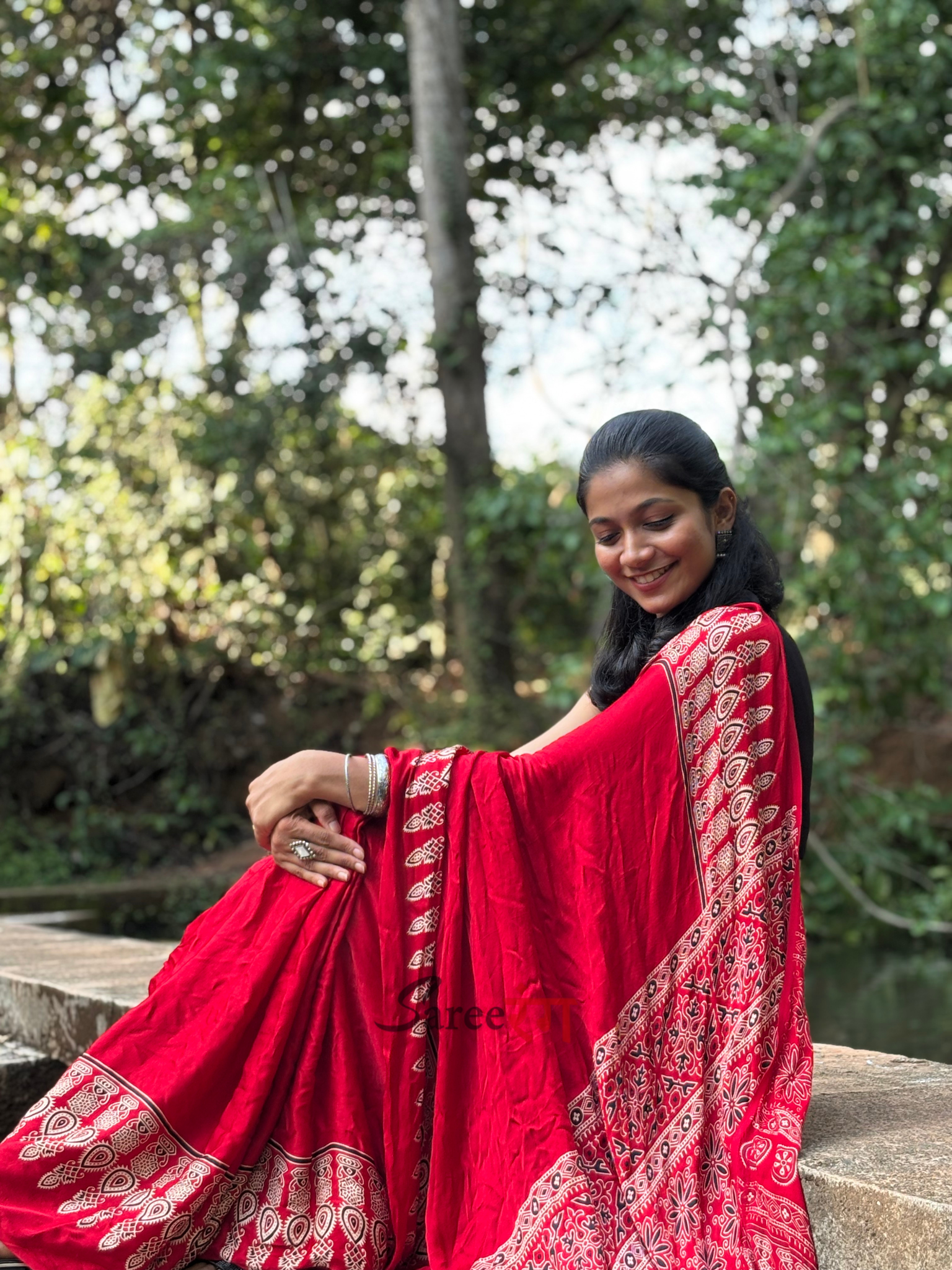 Rosy Ajrakh Hand Block Modal Silk Saree With Fancy Ajrakh Pallu