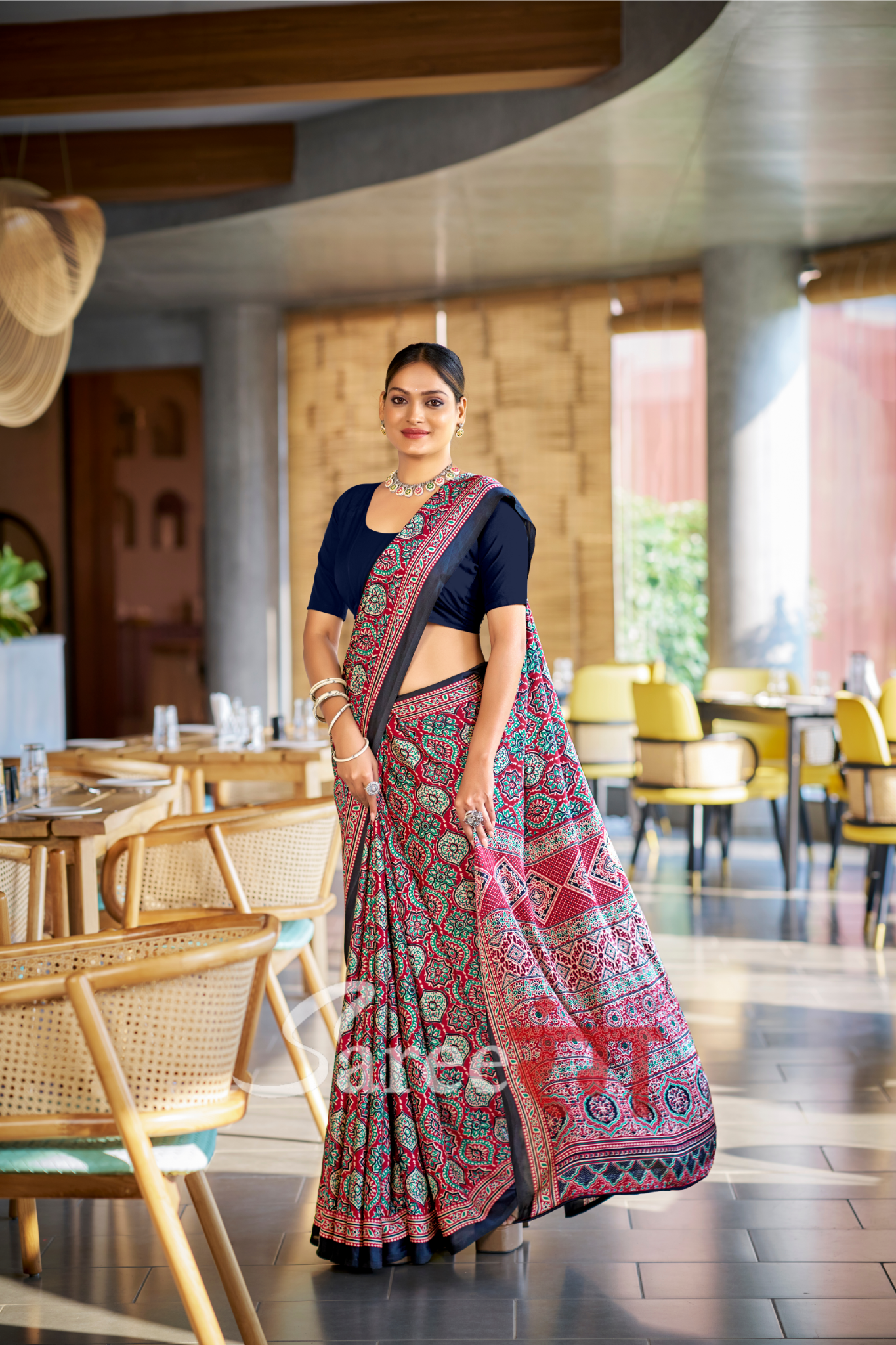 Varnika Maroon And Black Modal Silk Ajrakh Natural Print saree