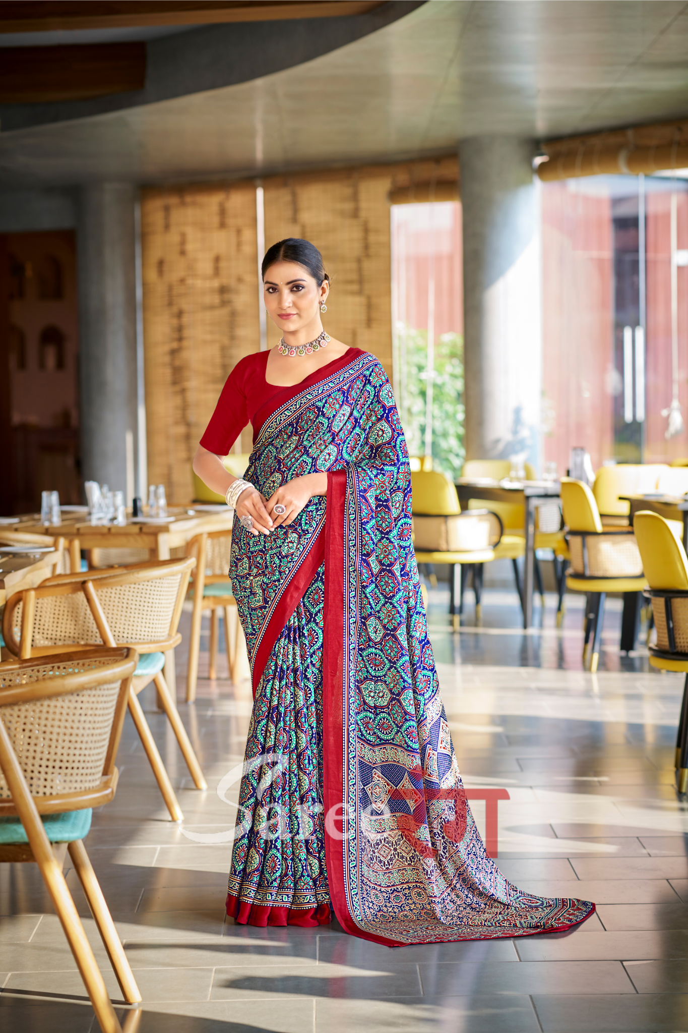 Varnika Blue Modal Silk Ajrakh Natural Print saree