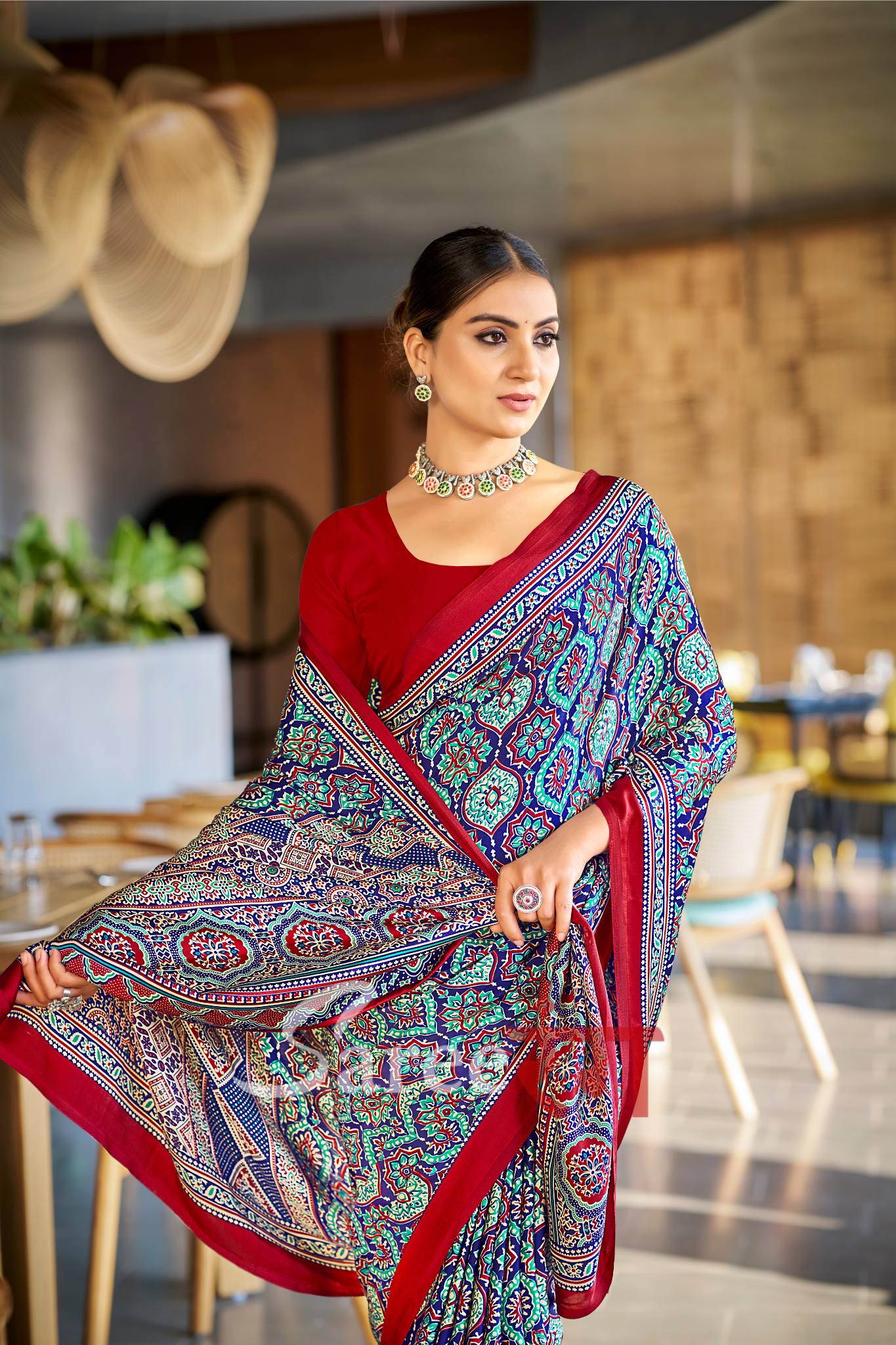 Varnika Blue Modal Silk Ajrakh Natural Print saree