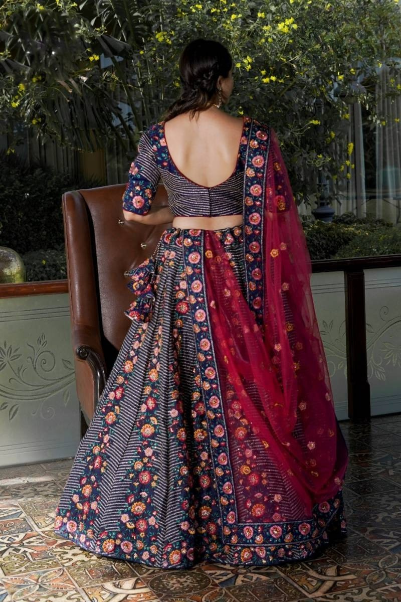 Blue Lino Silk Embroidered Work With Tassels Lehenga Choli