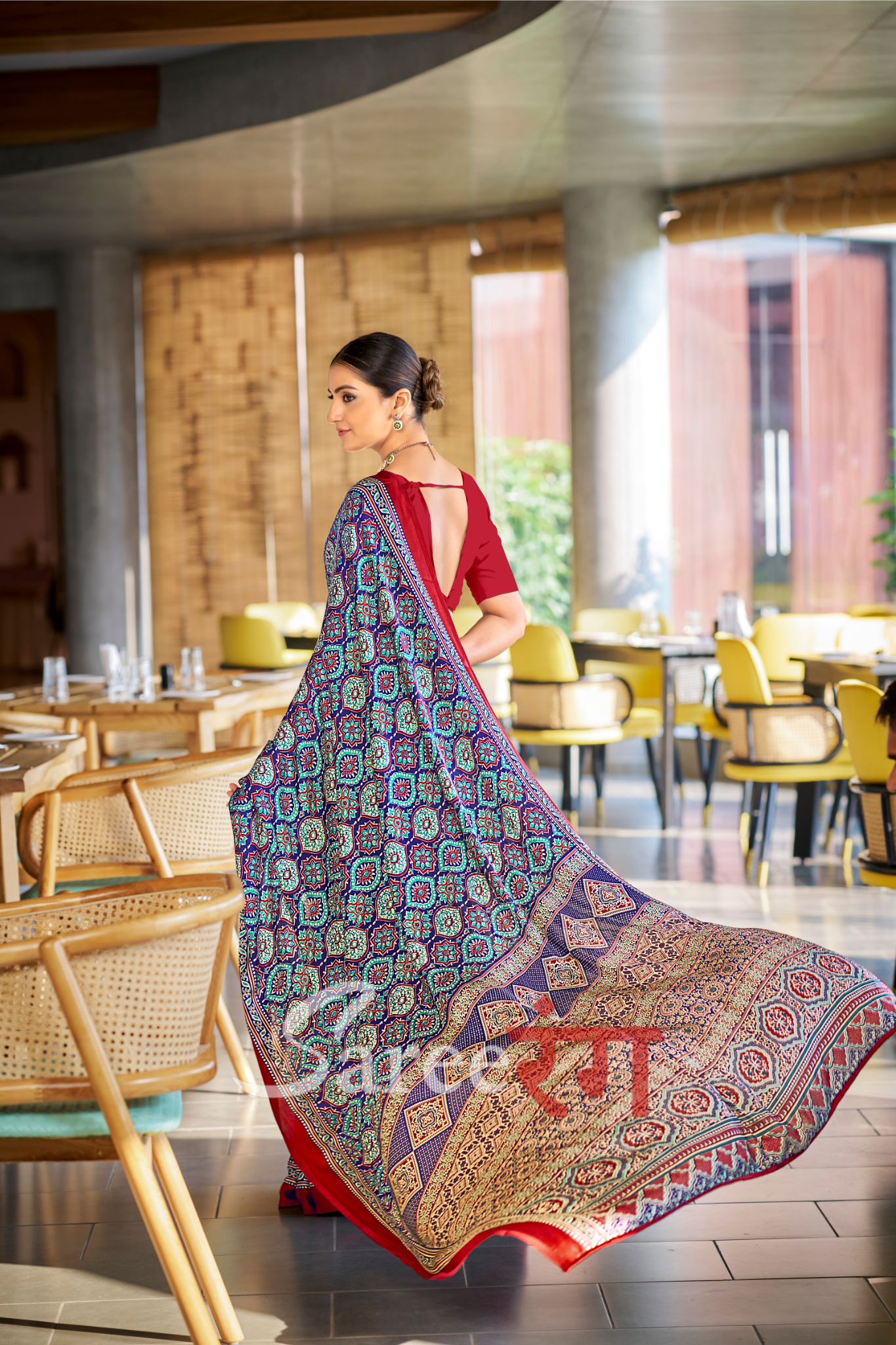 Varnika Blue Modal Silk Ajrakh Natural Print saree