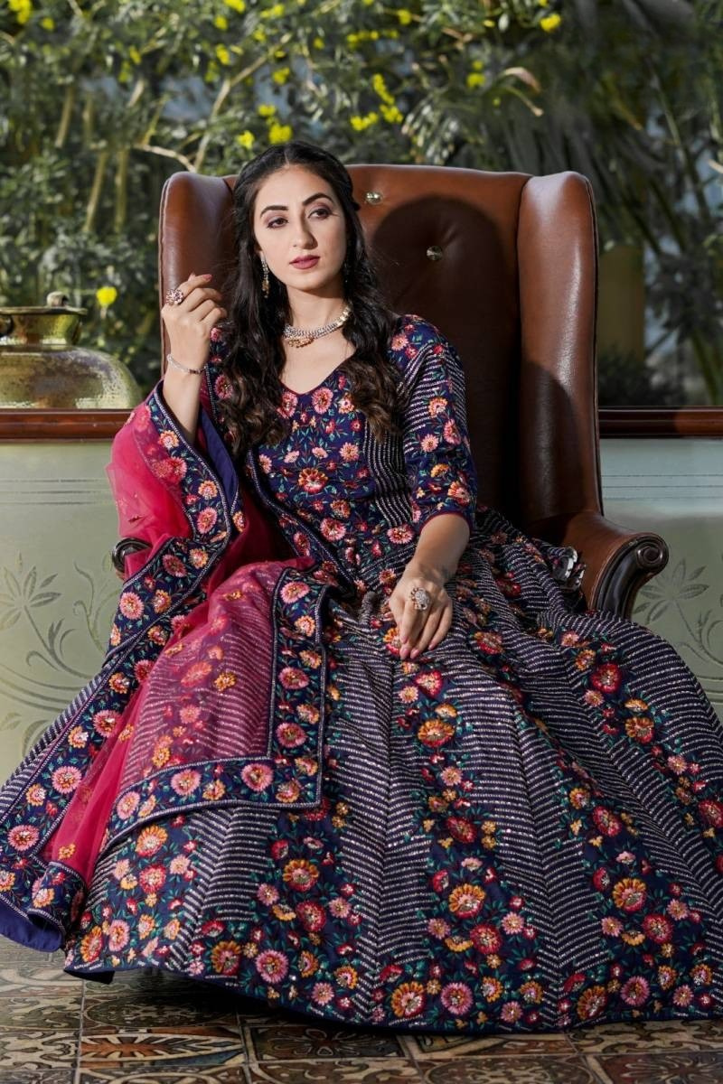 Blue Lino Silk Embroidered Work With Tassels Lehenga Choli