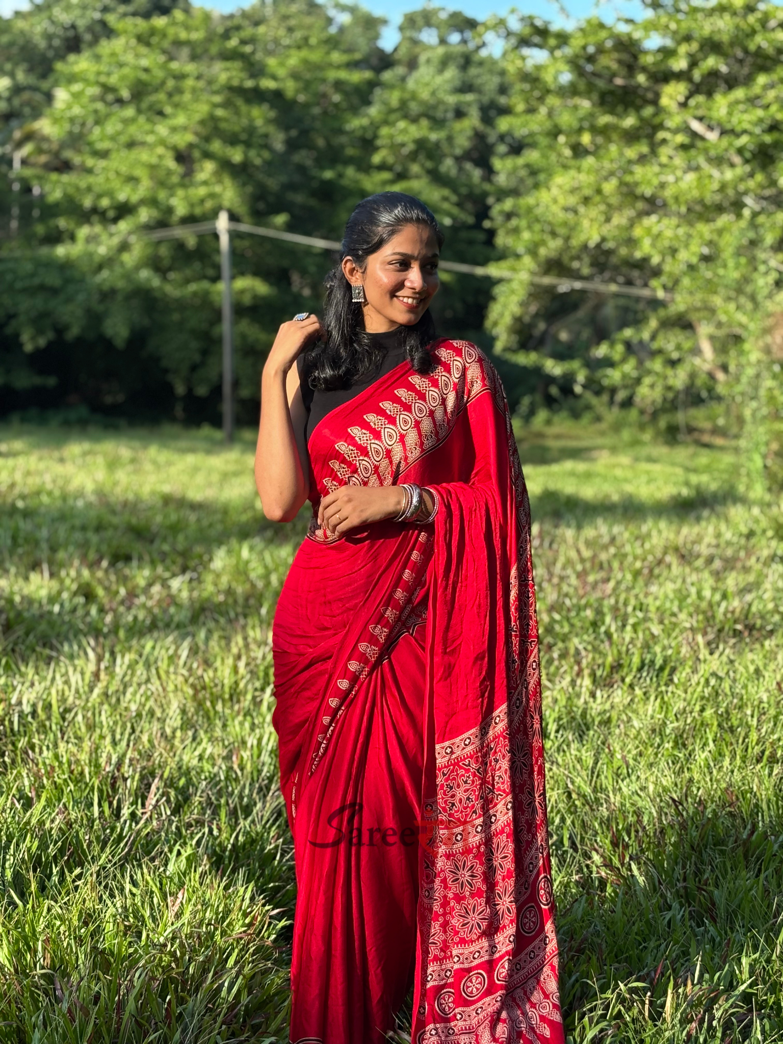 Rosy Ajrakh Hand Block Modal Silk Saree With Fancy Ajrakh Pallu