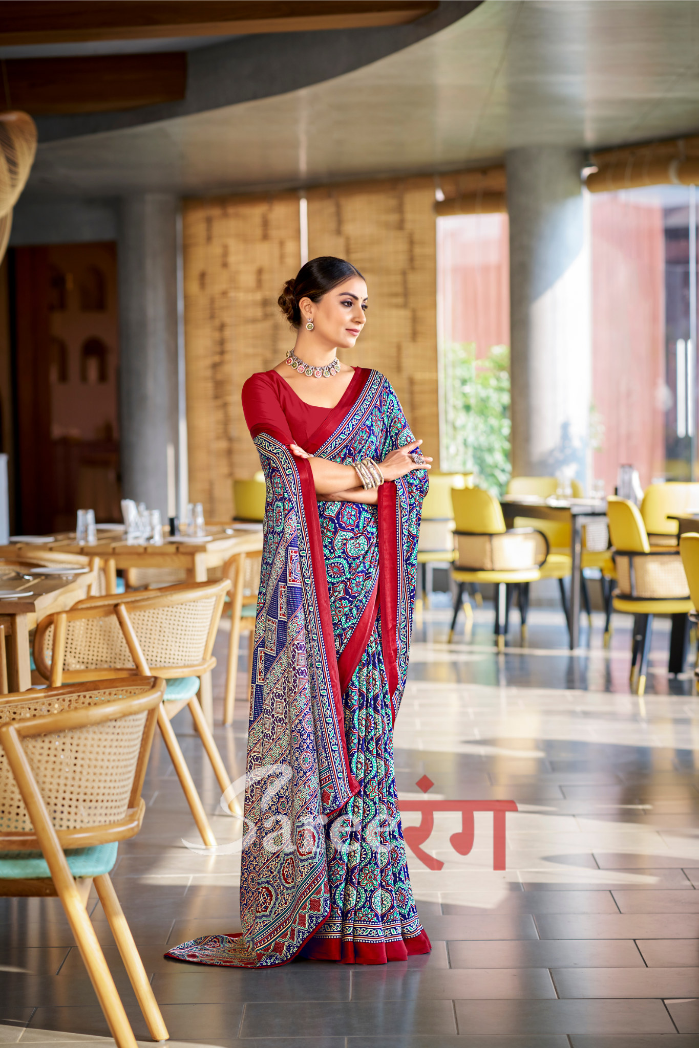 Varnika Blue Modal Silk Ajrakh Natural Print saree