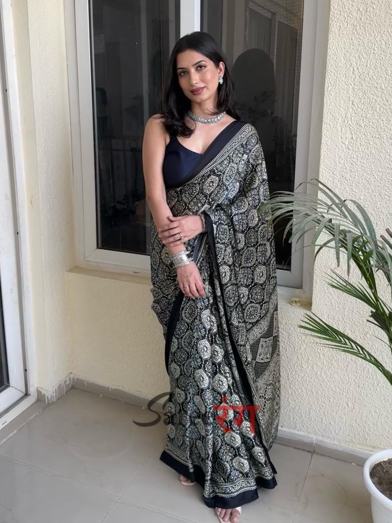 Varnika Black Modal Silk Ajrakh Natural Print saree