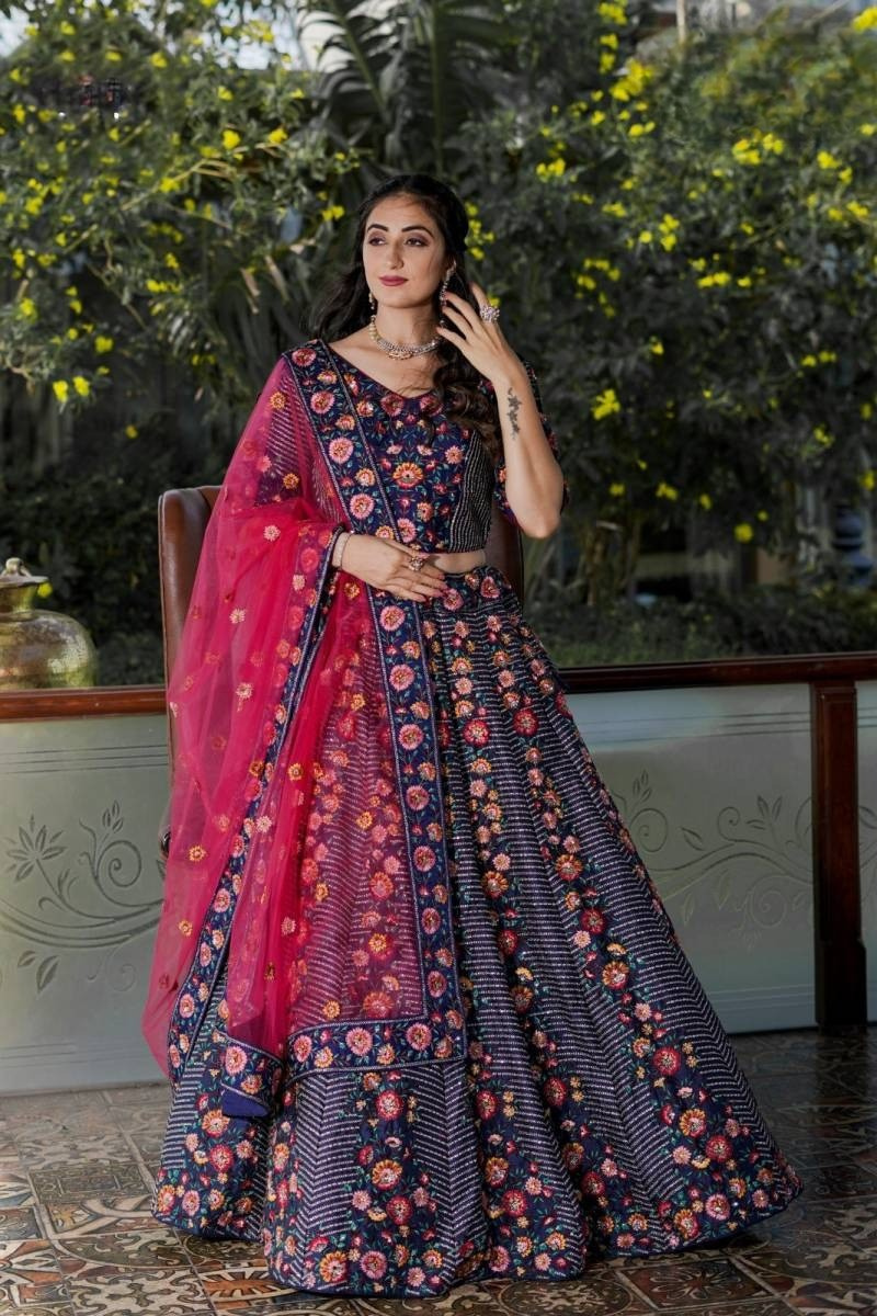 Blue Lino Silk Embroidered Work With Tassels Lehenga Choli