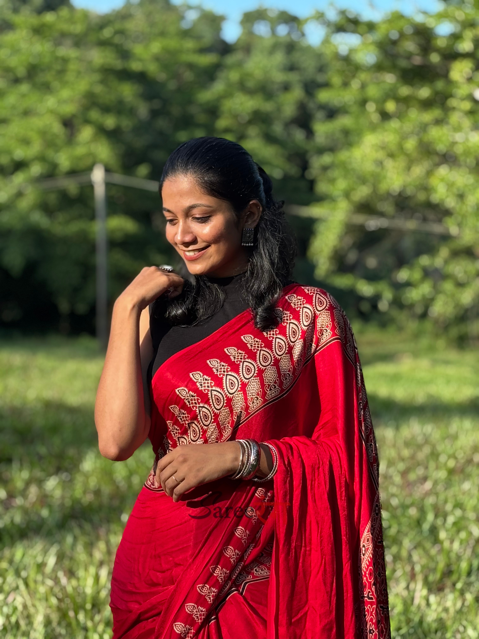 Rosy Ajrakh Hand Block Modal Silk Saree With Fancy Ajrakh Pallu