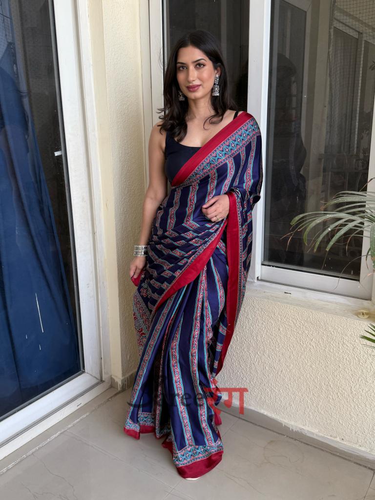 Sagun Blue Modal Silk Ajrakh Natural Print Saree