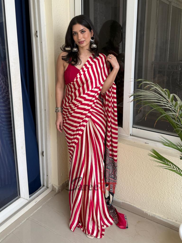 Sundari Red Modal Silk Premium Striped Ajrakh Natural Print Saree