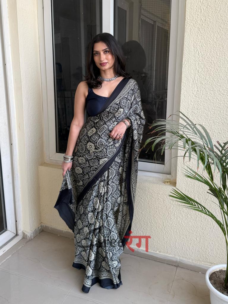 Varnika Black Modal Silk Ajrakh Natural Print saree