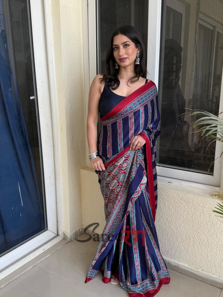 Sagun Blue Modal Silk Ajrakh Natural Print Saree
