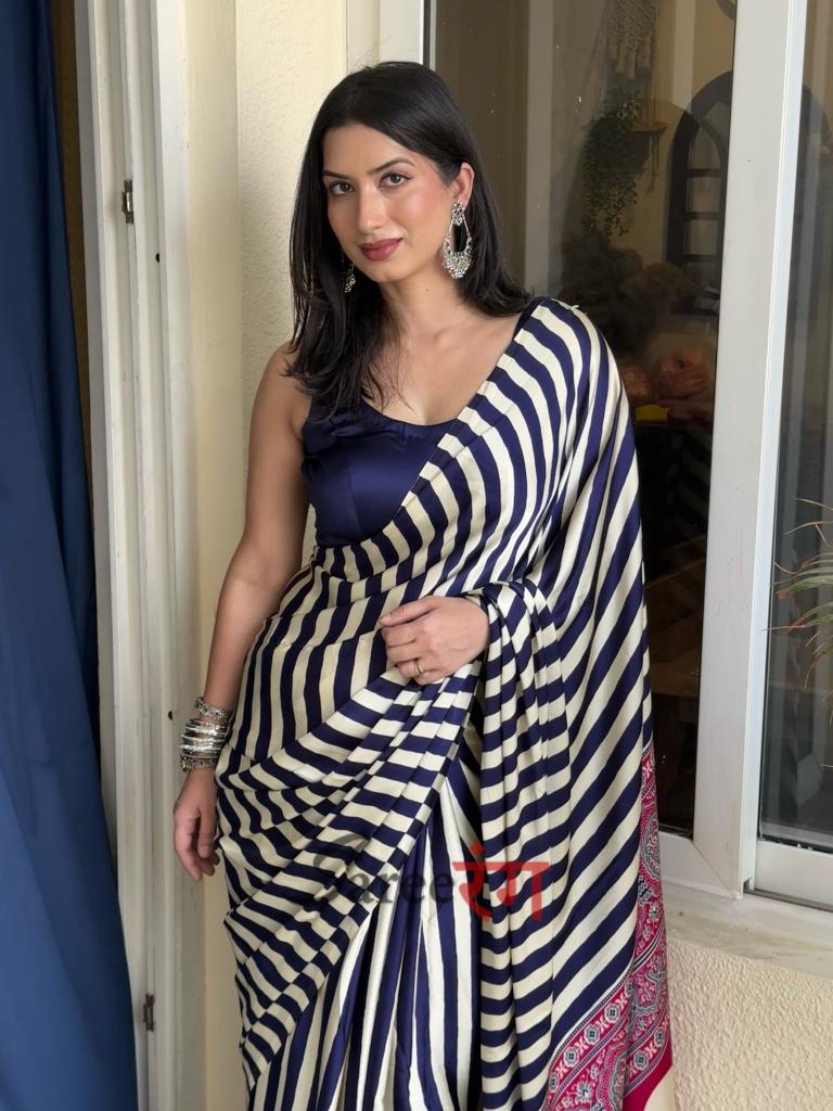 Sundari Blue Modal Silk Premium Striped Ajrakh Natural Print Saree