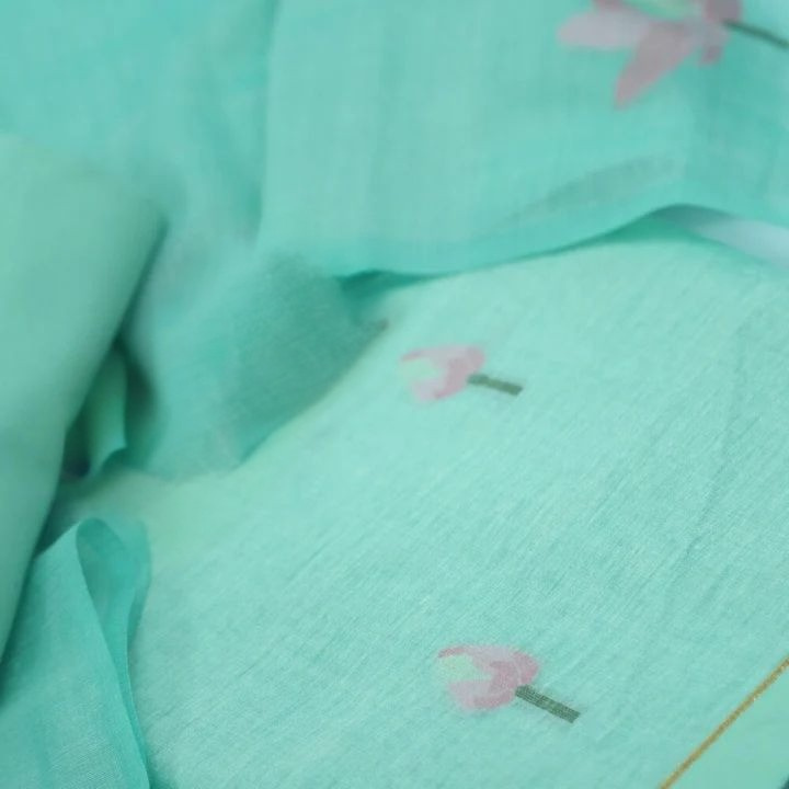 Tiffny Blue Pure Soft Muga Cotton Flower Weaving Unstitched Dress Material