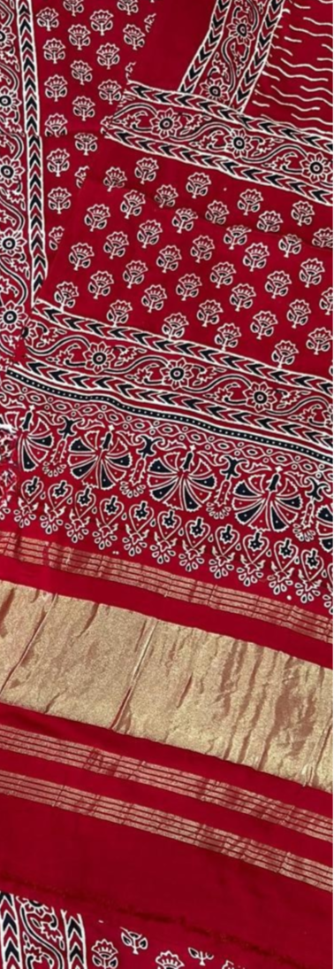 Entrancing Red Original Natural Ajrakh Print 3 pc Pure Modal Silk Unstitched Suit Set