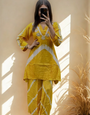Yellow Muslin Silk Printed With Real Mirror Hand Work Co-Ords Set