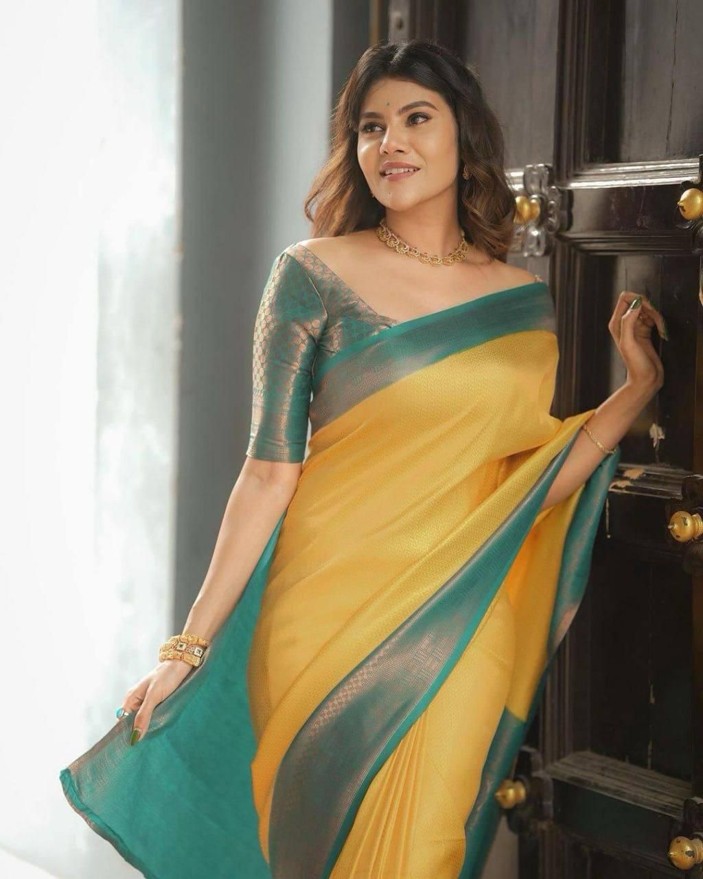 Assemblage YEllow Soft Silk Weaving Saree