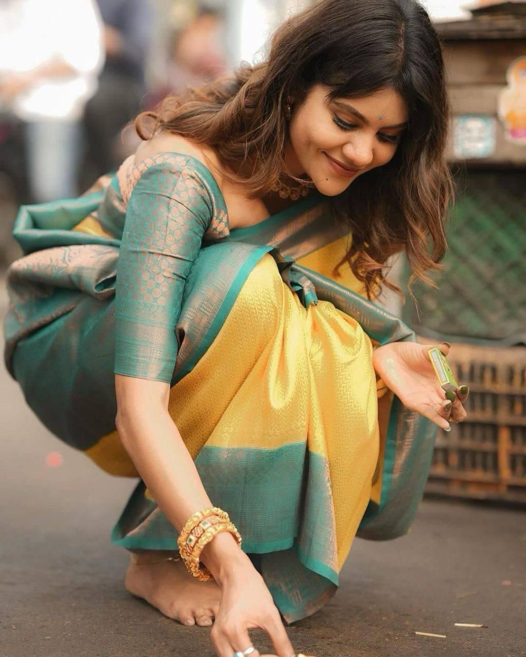 Assemblage YEllow Soft Silk Weaving Saree