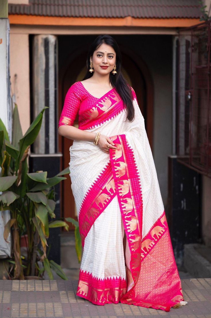 Enhancing Bone White Soft Silk Weaving Saree