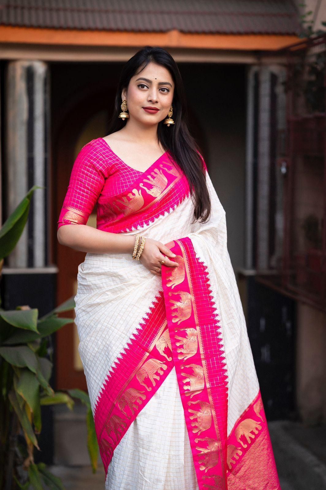Enhancing Bone White Soft Silk Weaving Saree