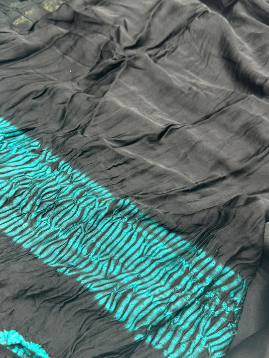 Charcoal Shibori Bandhni Border Pure Modal Silk Plain With Lagdi Pallu Saree
