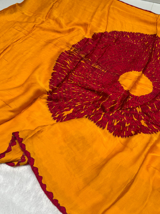 Marigold Shibori Bandhni Border Pure Modal Silk Plain With Lagdi Pallu Saree