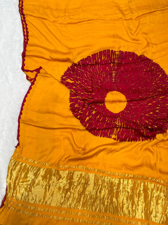 Marigold Shibori Bandhni Border Pure Modal Silk Plain With Lagdi Pallu Saree