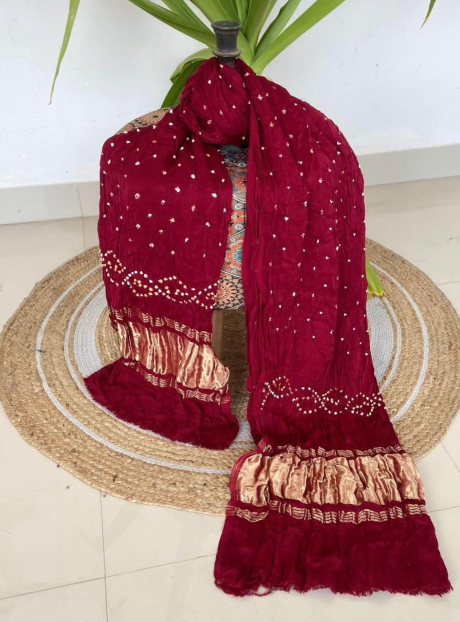 Maroon Pure Gajji Silk Hand Bandhej Dupatta