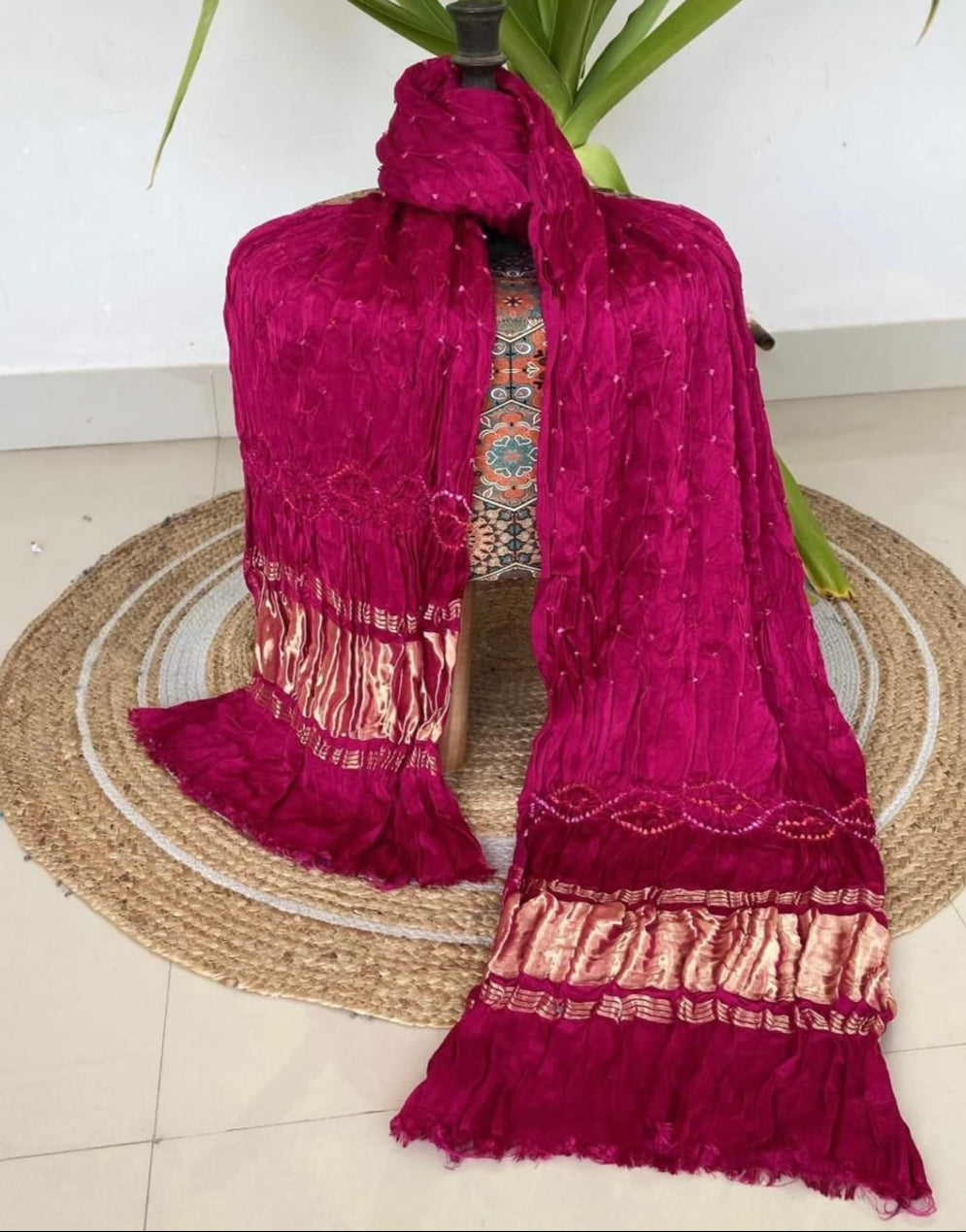 Pink Pure Gajji Silk Hand Bandhej Dupatta