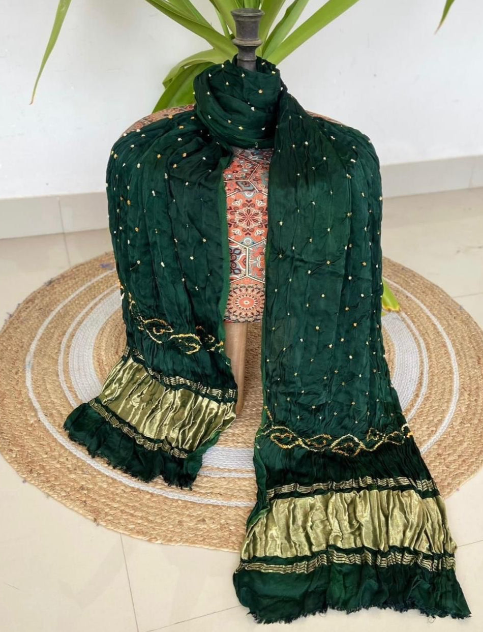 Dark Green Pure Gajji Silk Hand Bandhej Dupatta