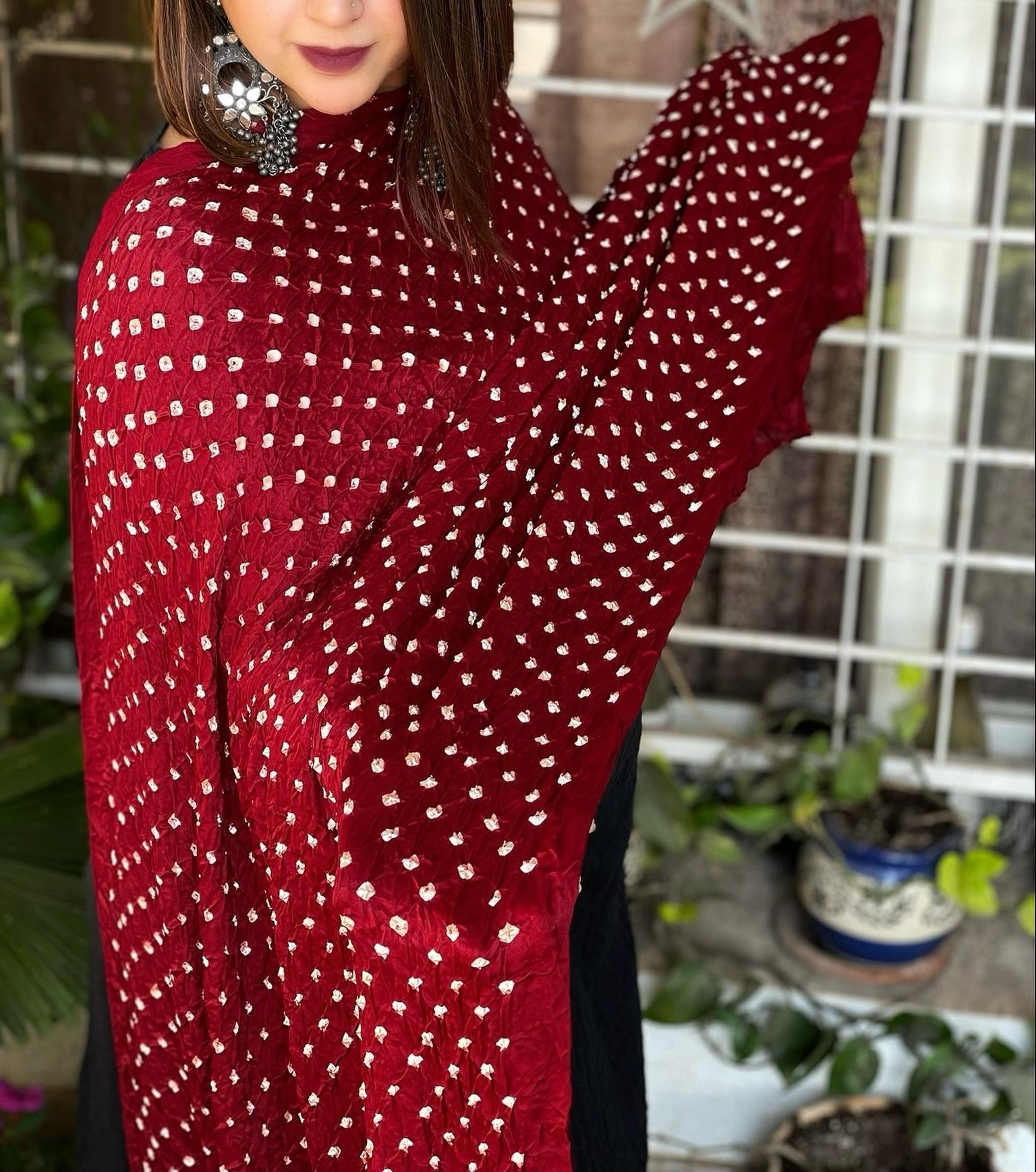 Maroon Pure Gajji Silk Hand Bandhej Dupatta