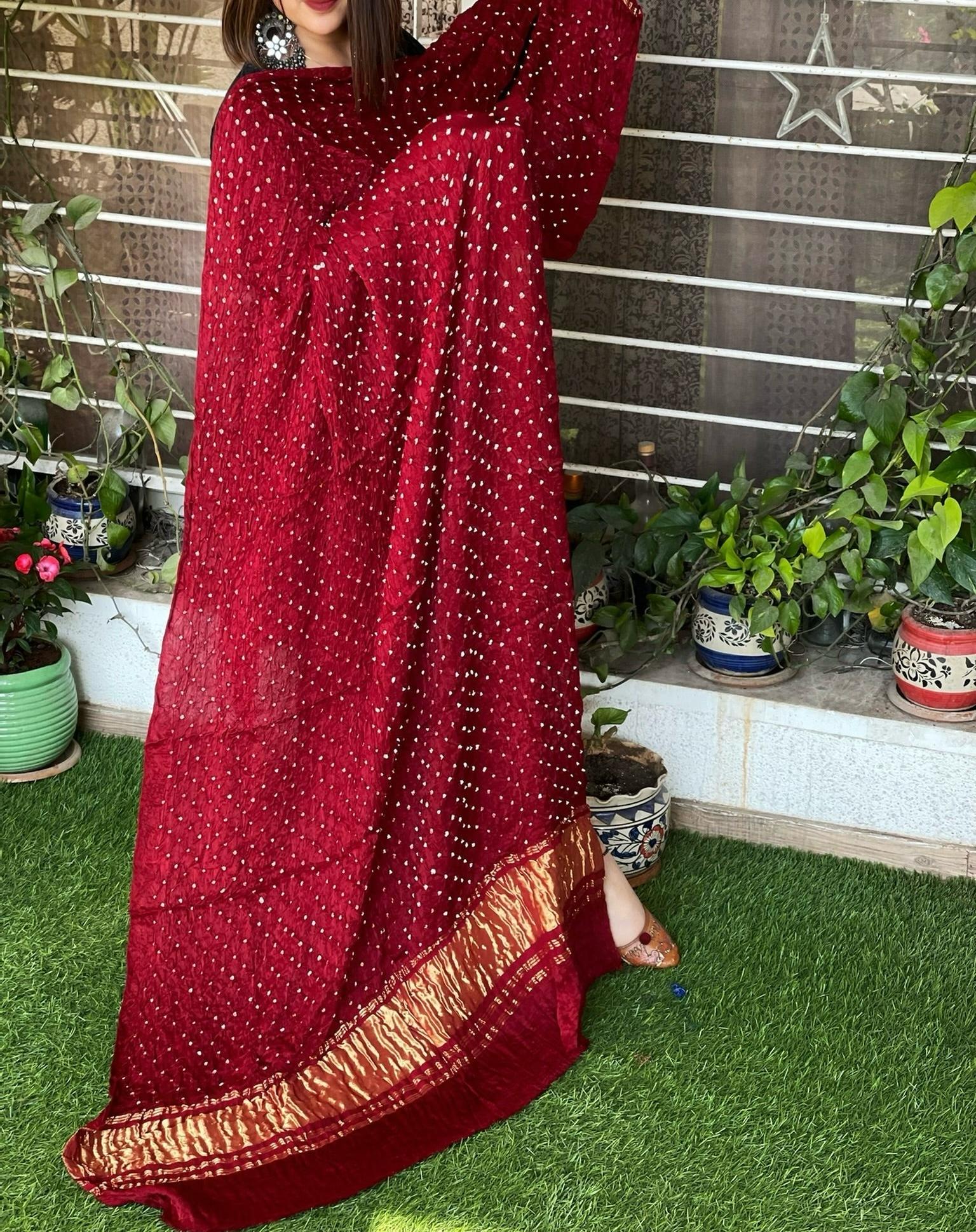 Maroon Pure Gajji Silk Hand Bandhej Dupatta
