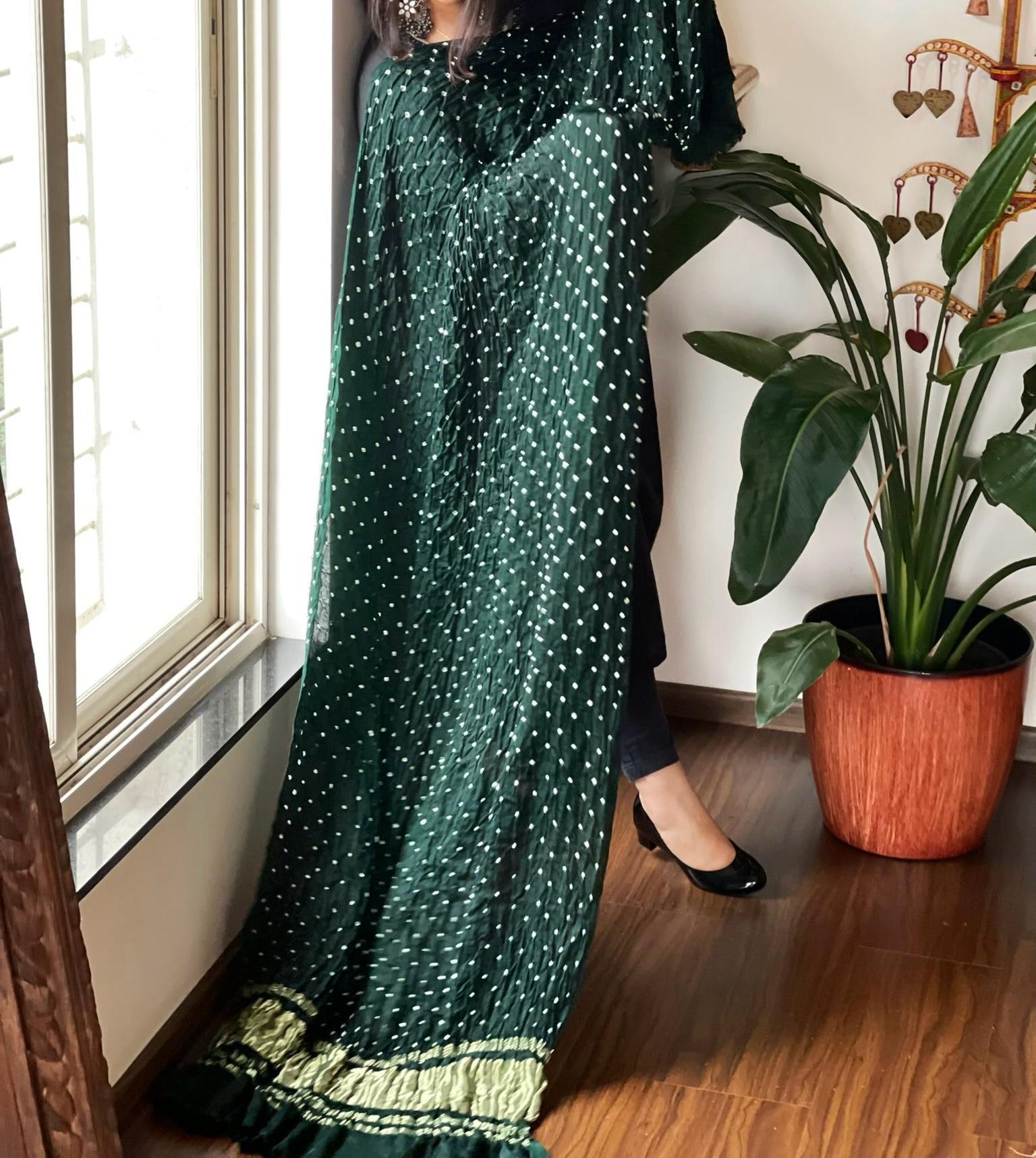 Dark Green Pure Gajji Silk Hand Bandhej Dupatta
