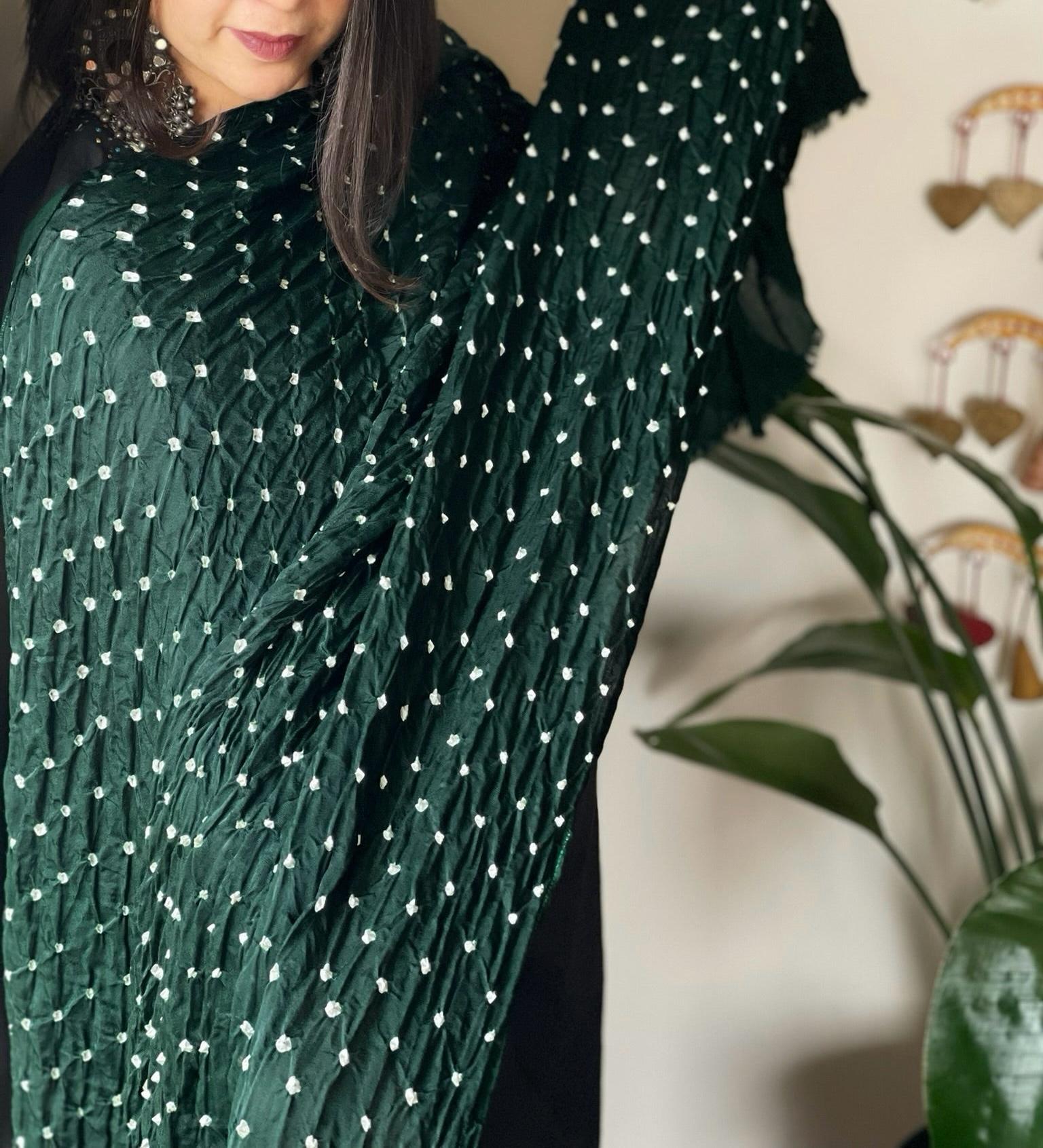 Dark Green Pure Gajji Silk Hand Bandhej Dupatta