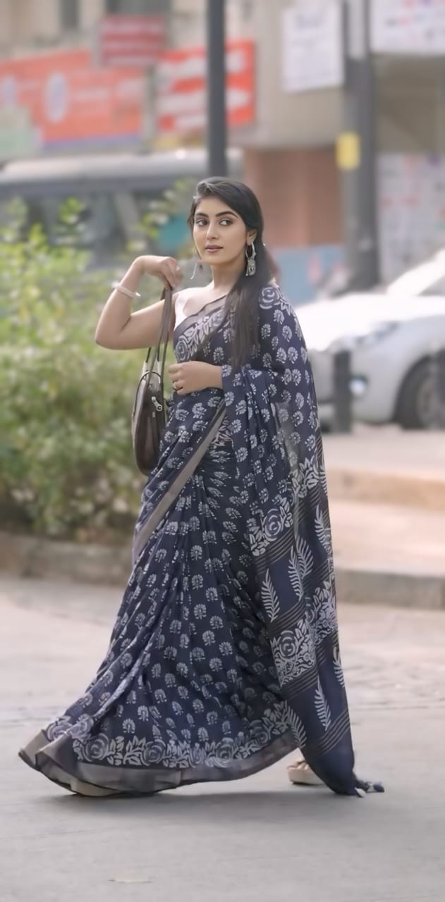 Floral One Minute Ready To Wear Dark Blue Cotton Silk Saree