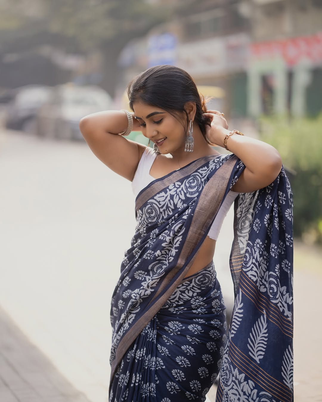 Floral One Minute Ready To Wear Dark Blue Cotton Silk Saree