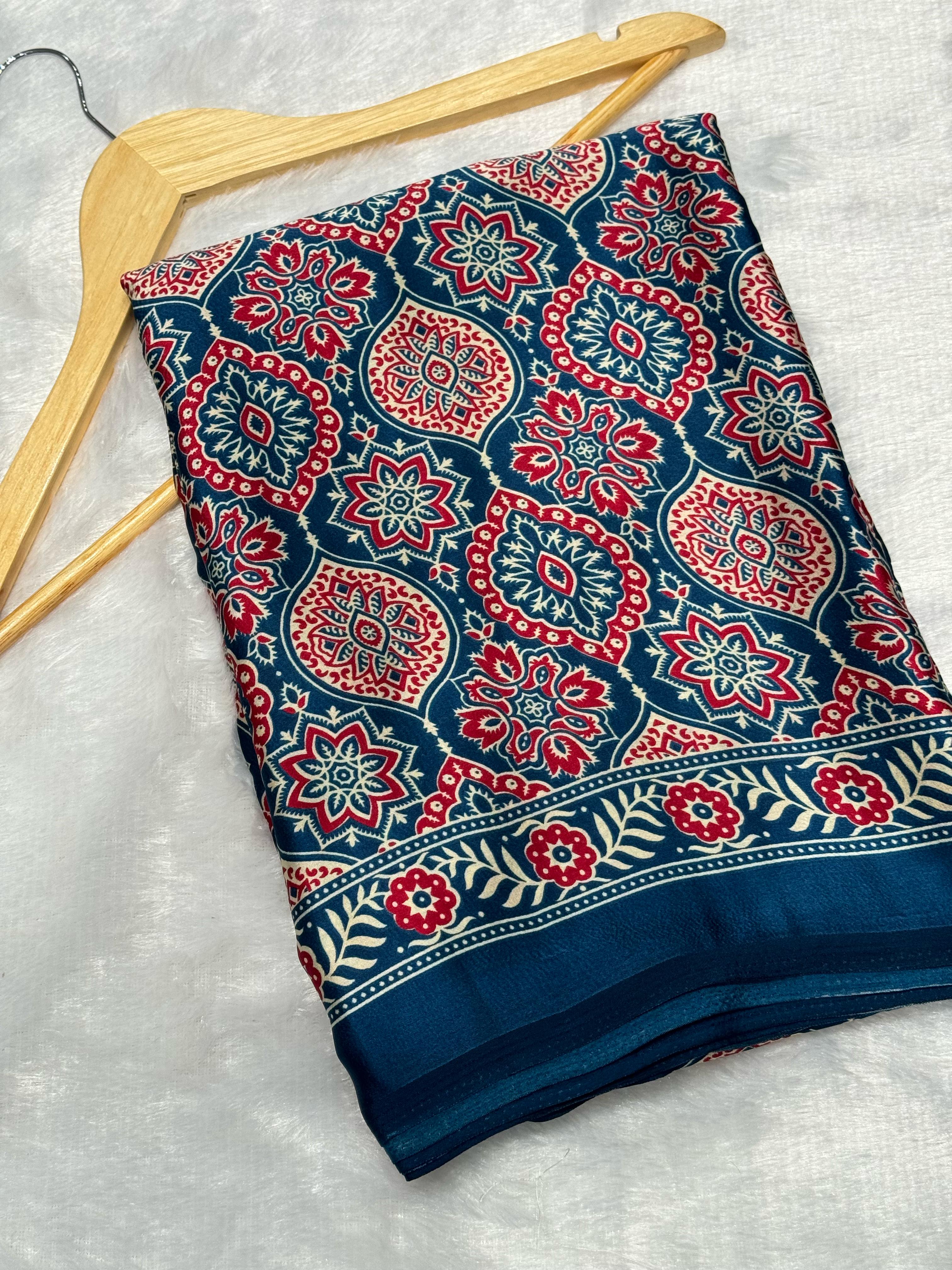 Akruti Indigo Modal Silk Ajrakh Natural Print Saree