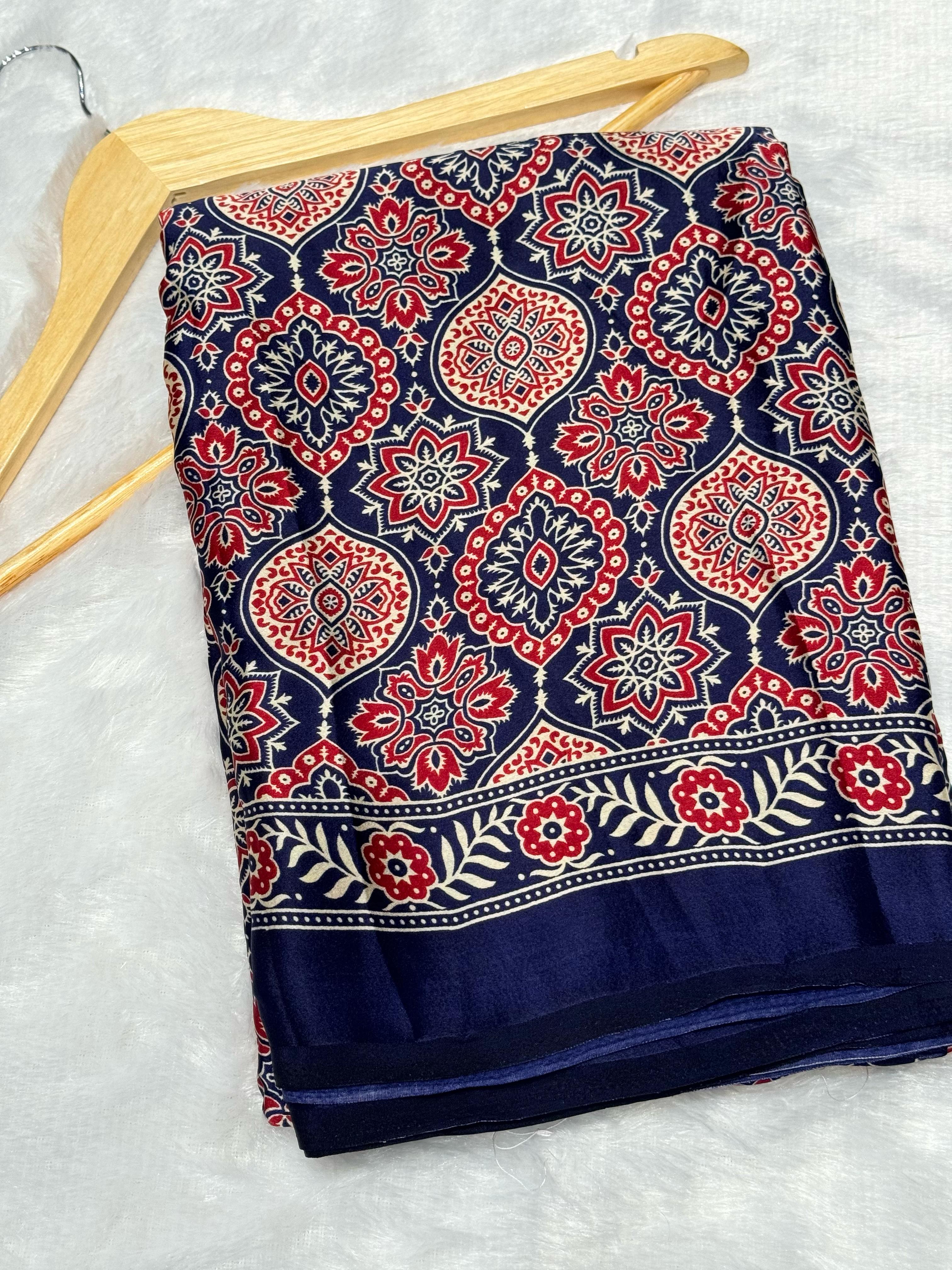 Akruti Blue Modal Silk Ajrakh Natural Print Saree