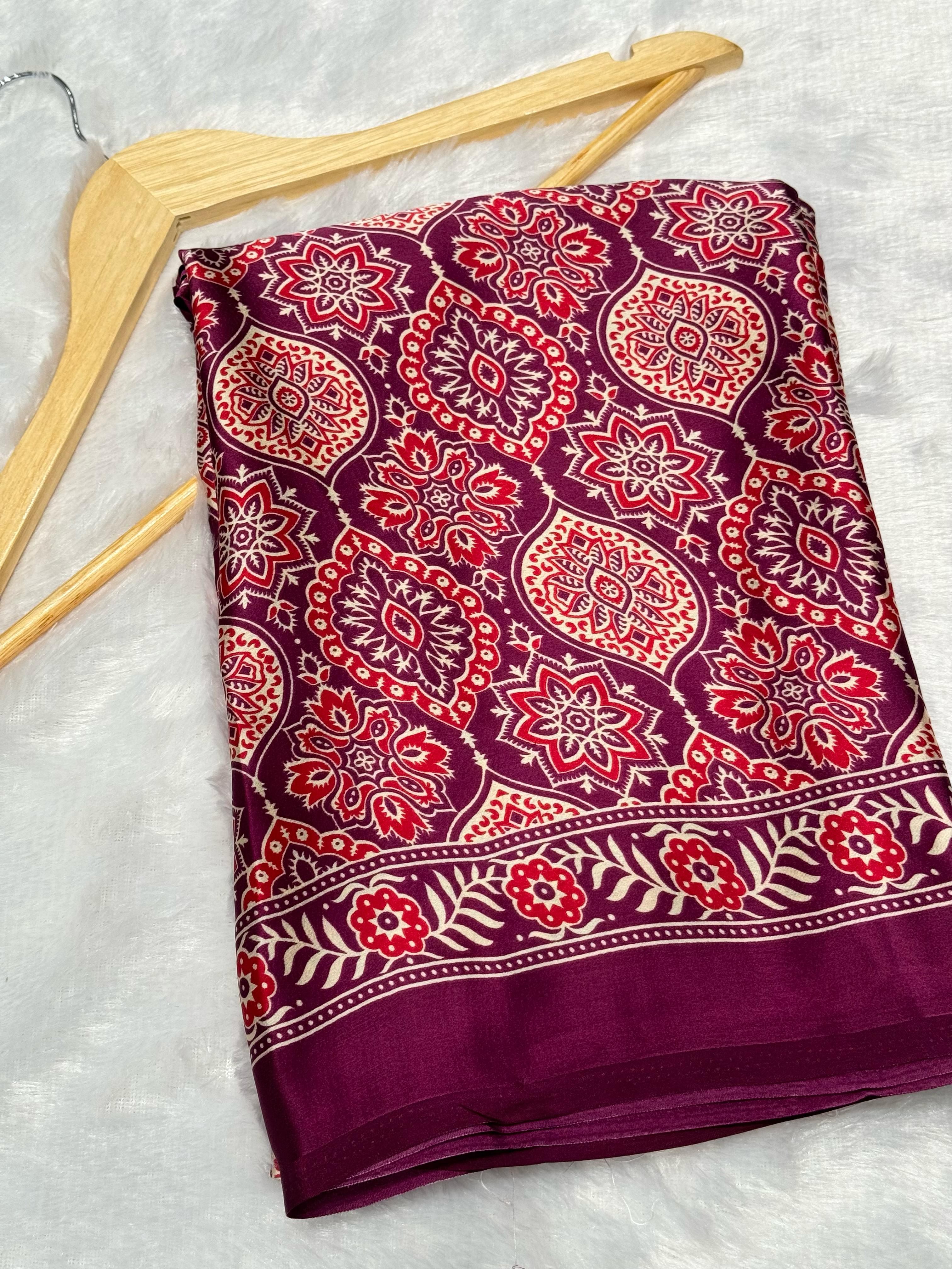 Akruti Wine Modal Silk Ajrakh Natural Print Saree