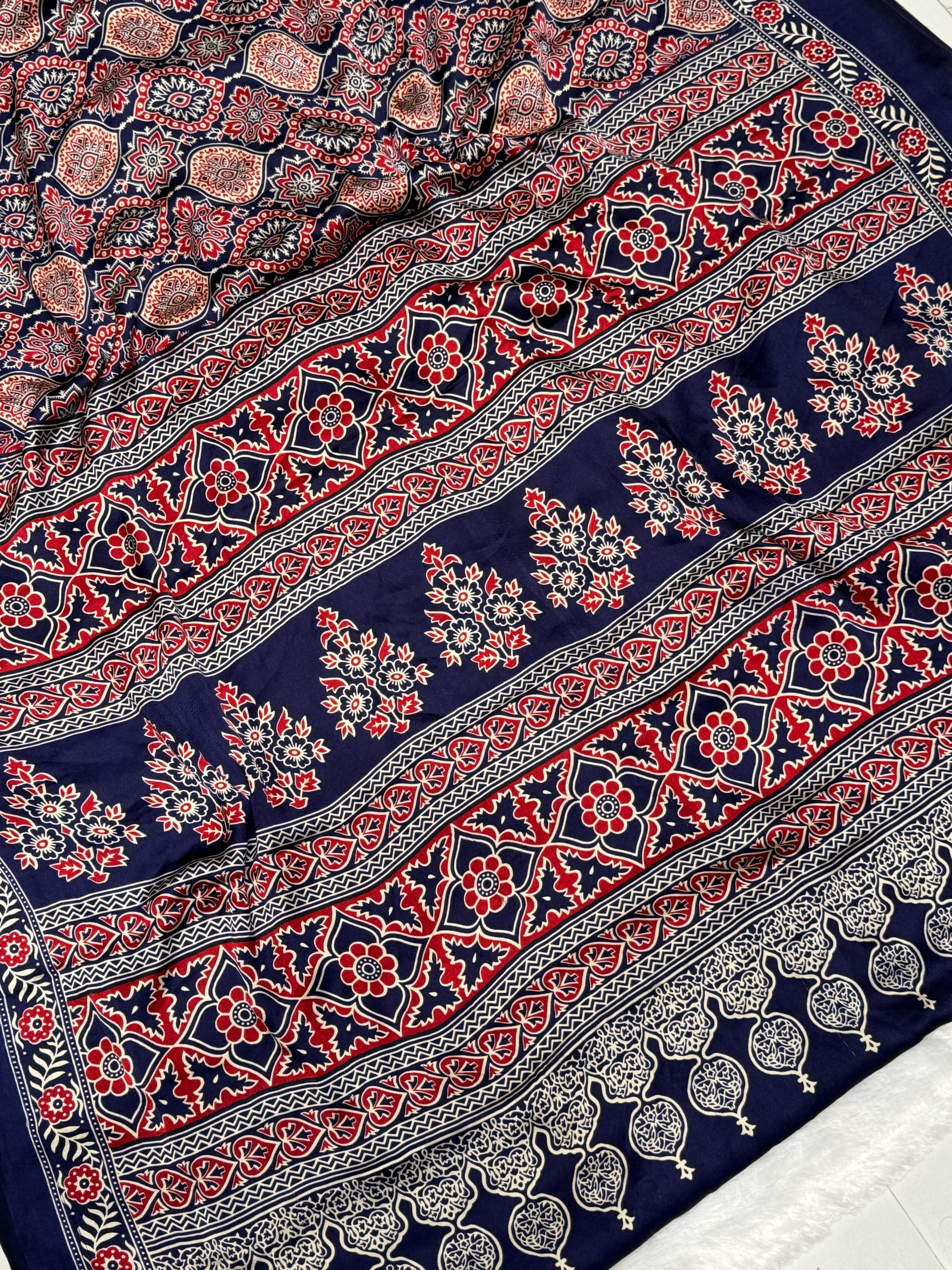 Akruti Blue Modal Silk Ajrakh Natural Print Saree