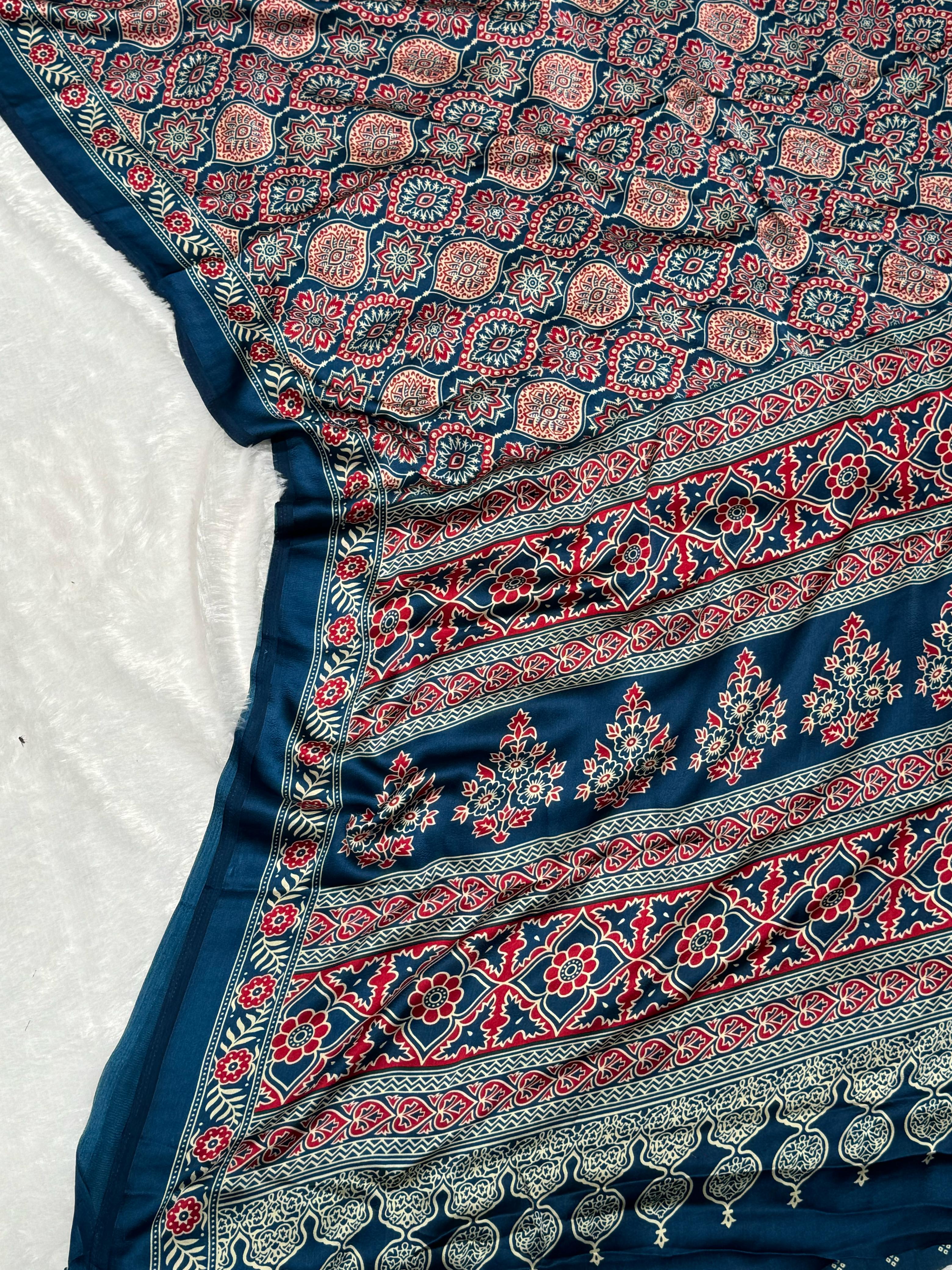 Akruti Indigo Modal Silk Ajrakh Natural Print Saree
