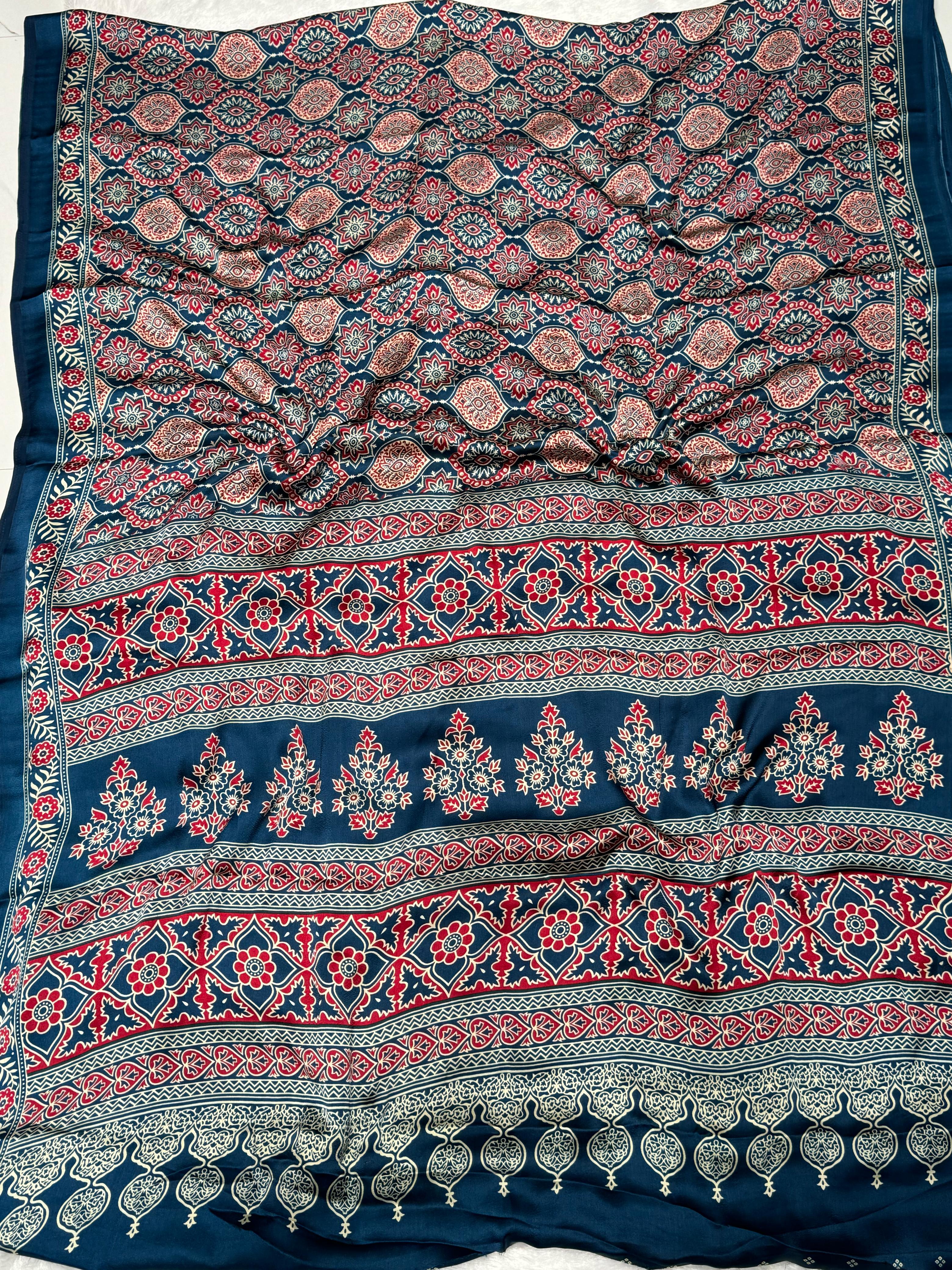 Akruti Indigo Modal Silk Ajrakh Natural Print Saree